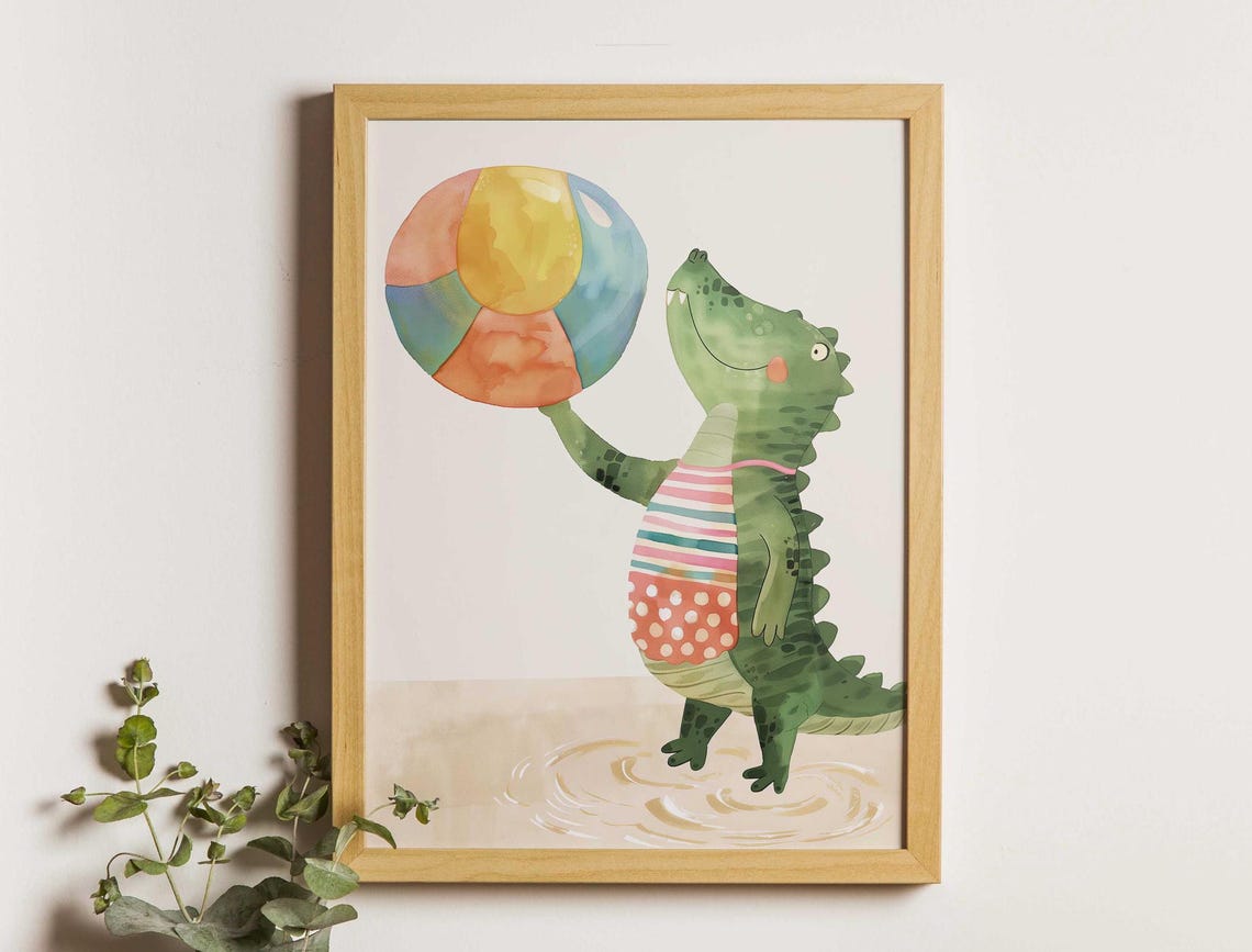 Cute Happy Crocodile In Striped Swimsuit With Beach Ball Poster