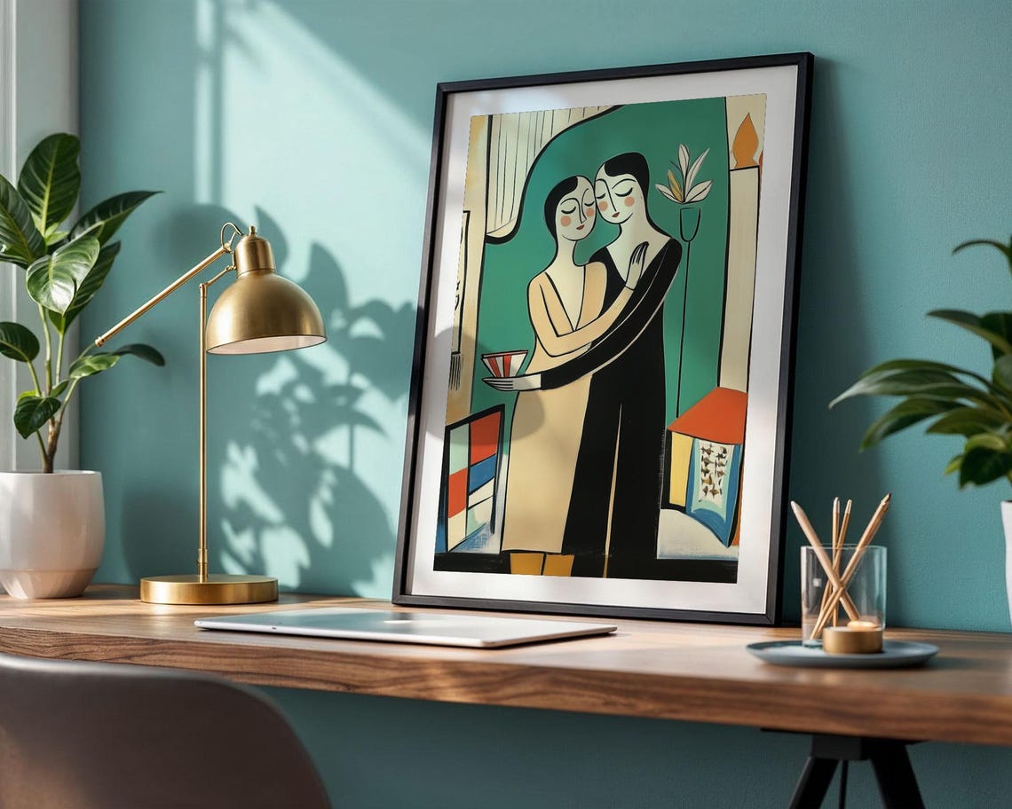 Abstract Embracing Couple On Emerald Green Modern Love Poster - Image 4
