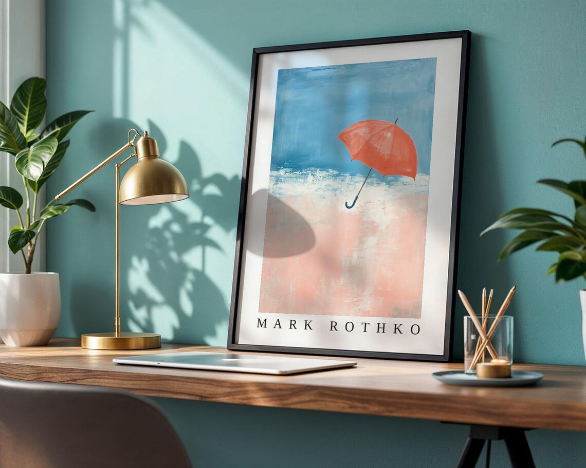 Mark Rothko Coral Red Umbrella Drifting Over a Pastel Beach Poster - Image 2