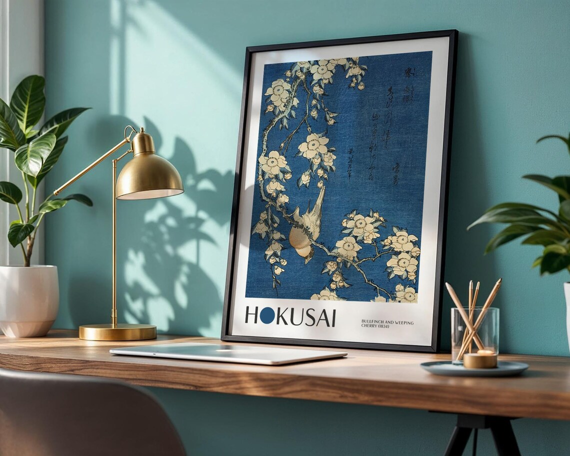Hokusai Bullfinch And Weeping Cherry 1834 Ukiyo-e Bird Art Poster - Image 2
