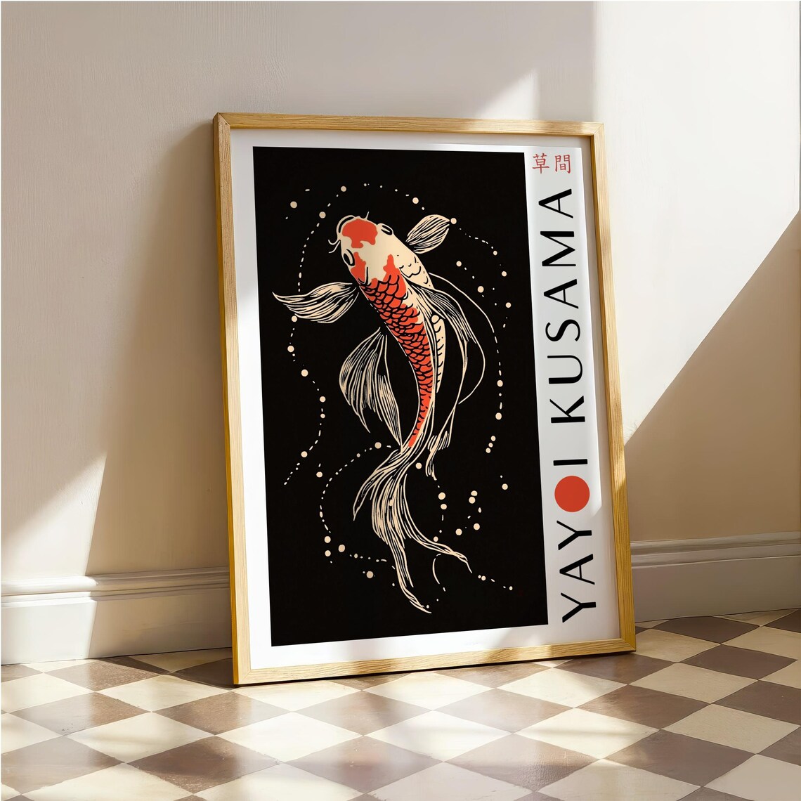 Red And White Koi Fish Swimming Upward In Dotted Black Water Poster