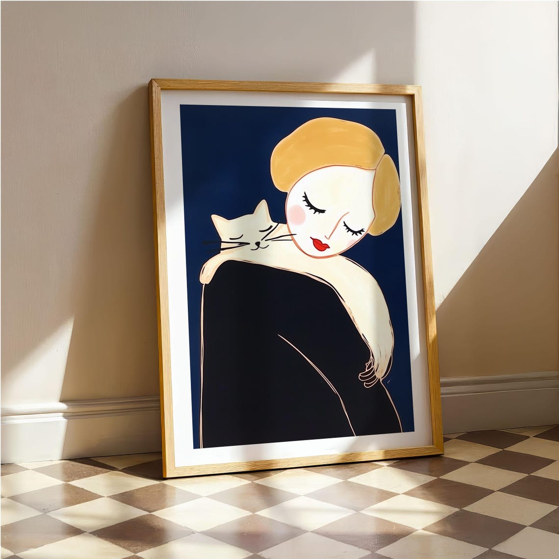 Blonde Woman Holding White Cat Navy Blue Modern Portrait Poster