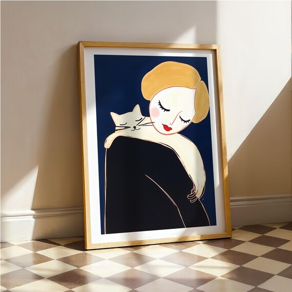 Blonde Woman Holding White Cat Navy Blue Modern Portrait Poster