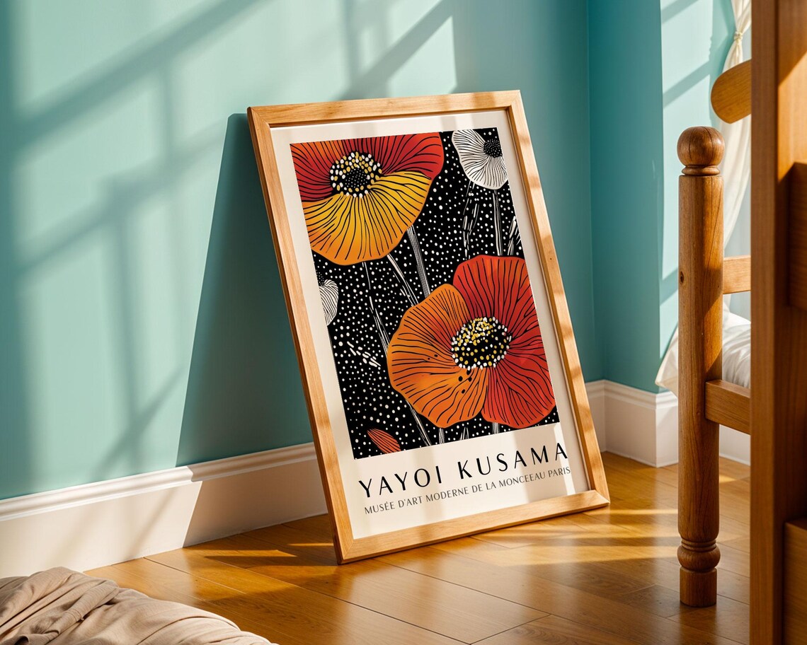 Yayoi Kusama Fiery Red Poppy Flowers on Black Dotted Museum Poster - Image 5