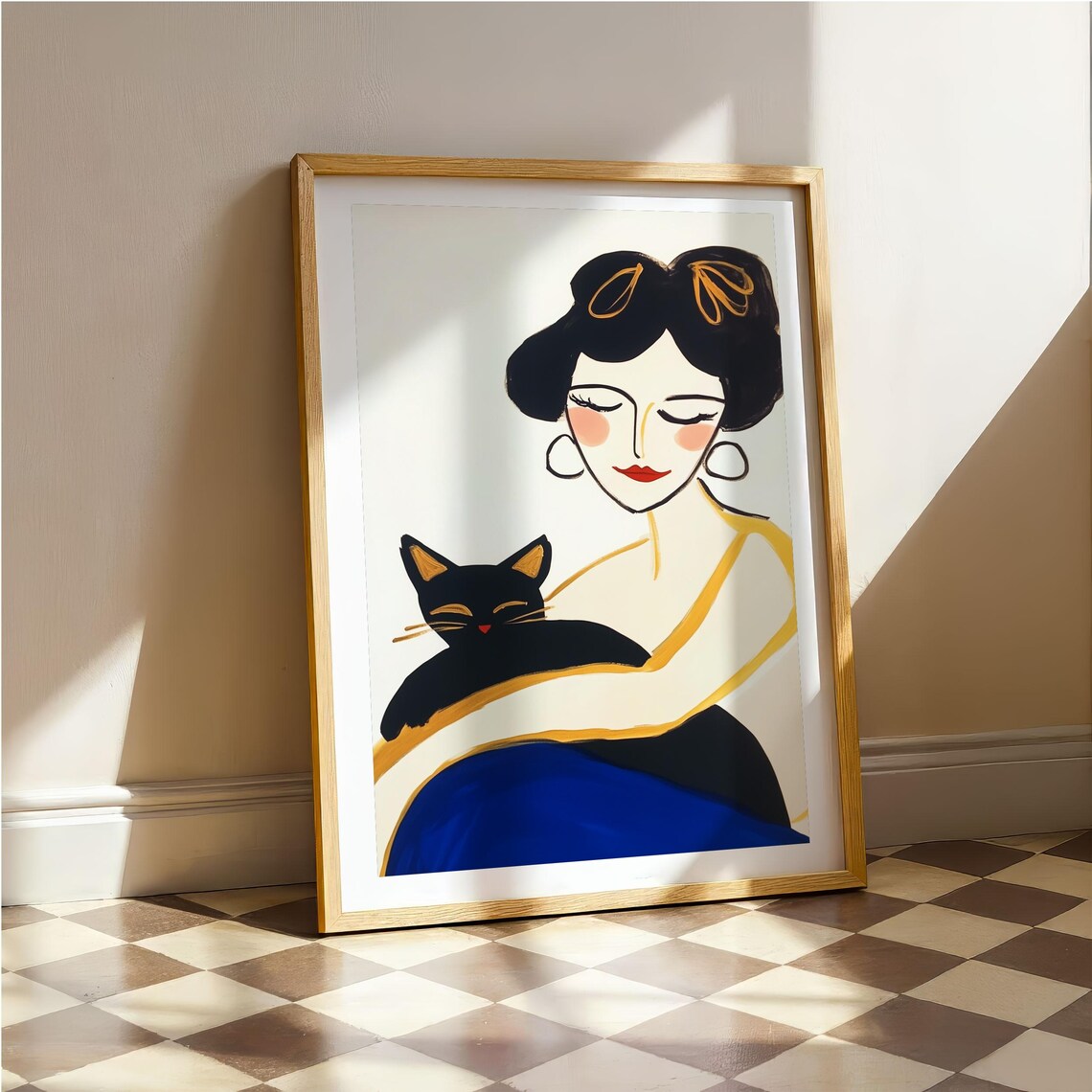 Elegant Dark Haired Woman Holding Black Cat Modern Portrait Poster