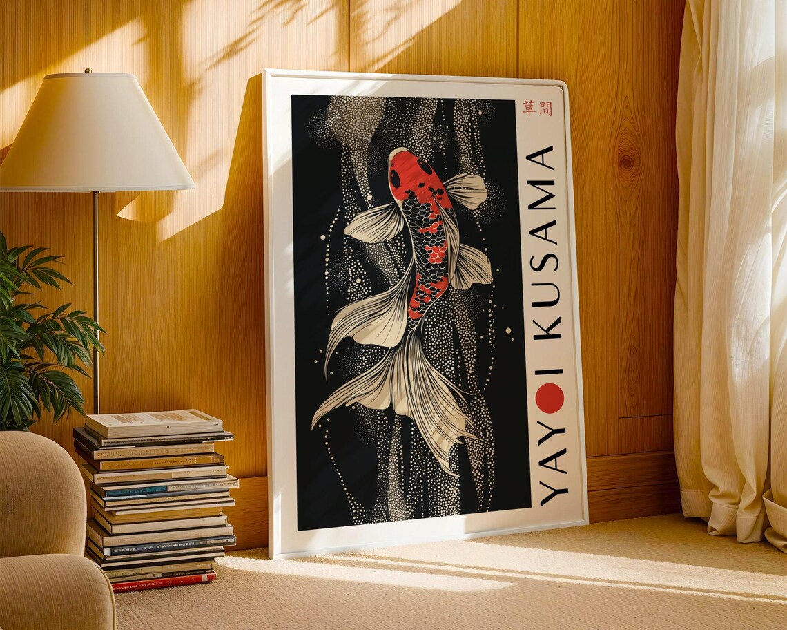 Red And Black Koi Fish In Cascading White Dot Streams Kusama Poster - Image 3
