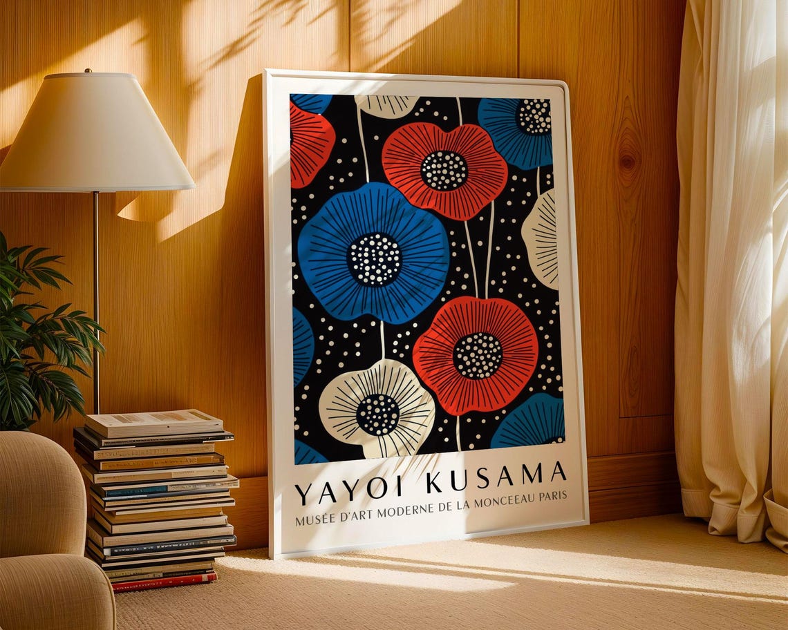 Yayoi Kusama Red and Blue Poppy Pattern on Black Museum Poster - Image 3