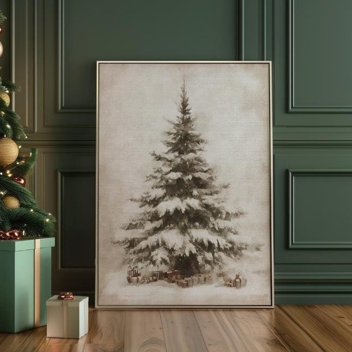 Snow Covered Evergreen Tree With Gifts Soft Watercolor Winter Poster - Image 4