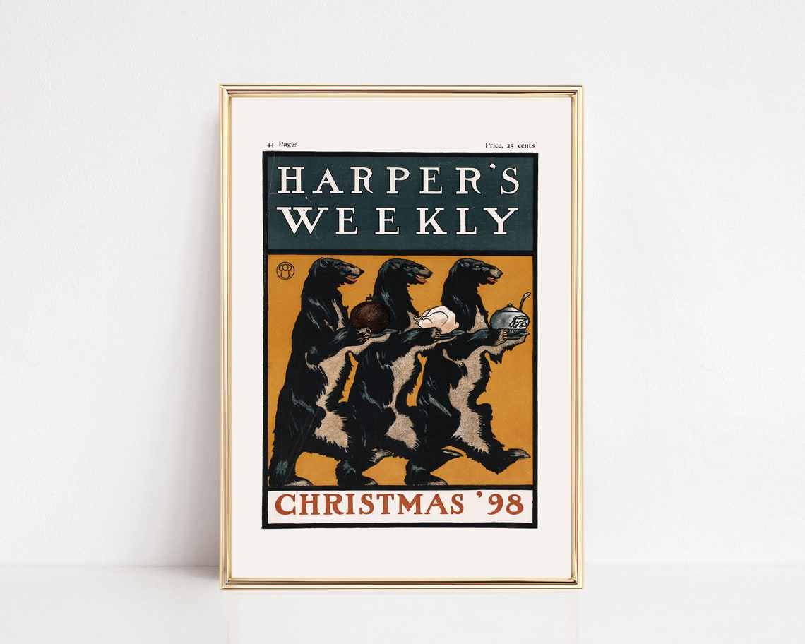 Harper's Weekly Christmas '98 Bears Serving Feast Vintage Poster
