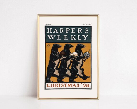 Harper's Weekly Christmas '98 Bears Serving Feast Vintage Poster
