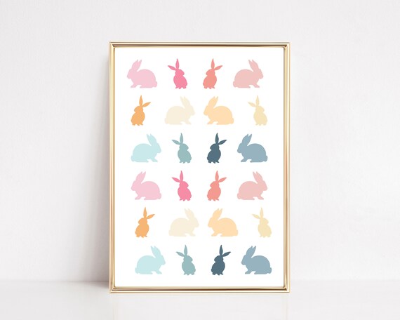 Pastel Easter Bunny Silhouette Rainbow Nursery Kids Decor Wall Art