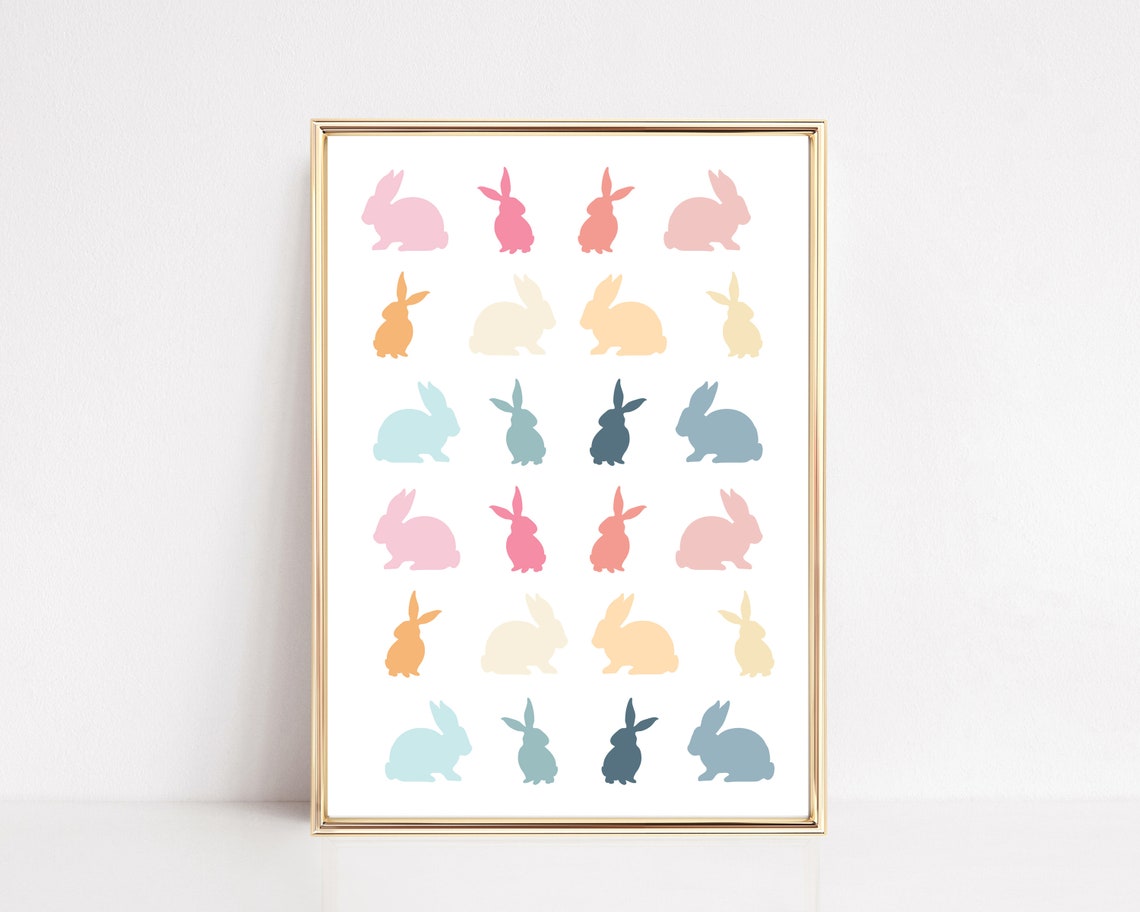 Pastel Easter Bunny Silhouette Rainbow Nursery Kids Decor Wall Art