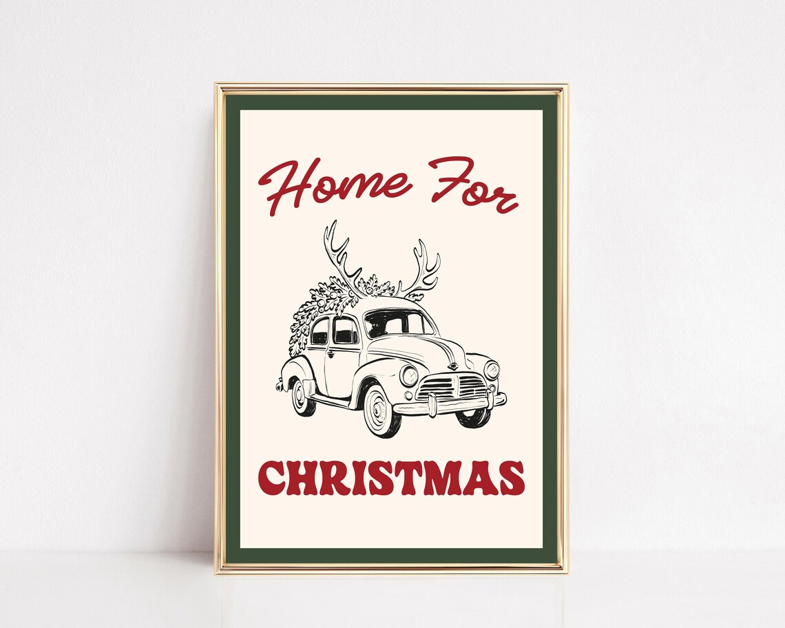 Home For Christmas Vintage Car Reindeer Antlers Retro Holiday Poster