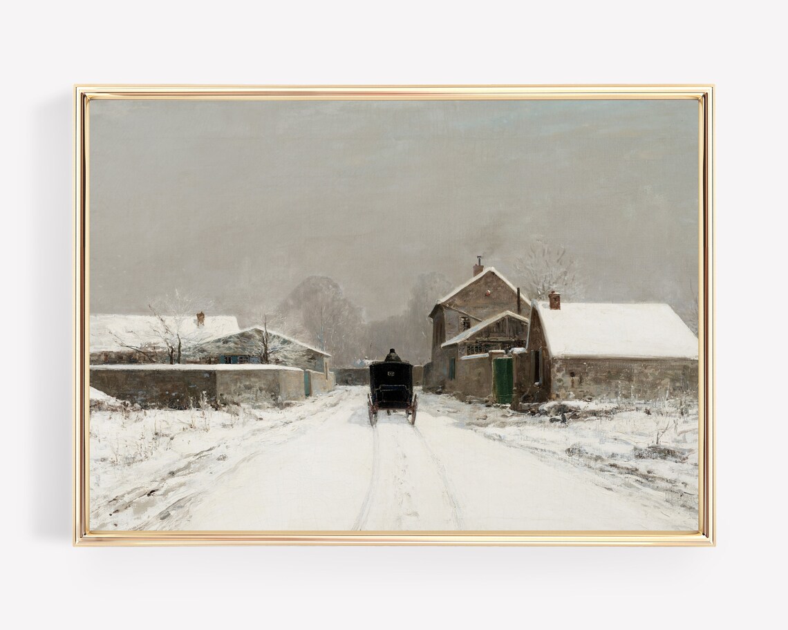 Horse Drawn Carriage Snowy Village Street Vintage Winter Art Poster