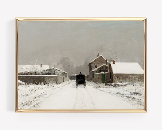 Horse Drawn Carriage Snowy Village Street Vintage Winter Art Poster