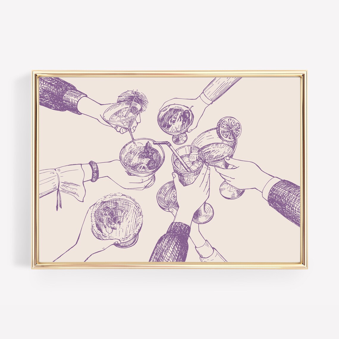 Cheers Cocktail Toast Purple Line Art Bar Cart Party Wall Poster