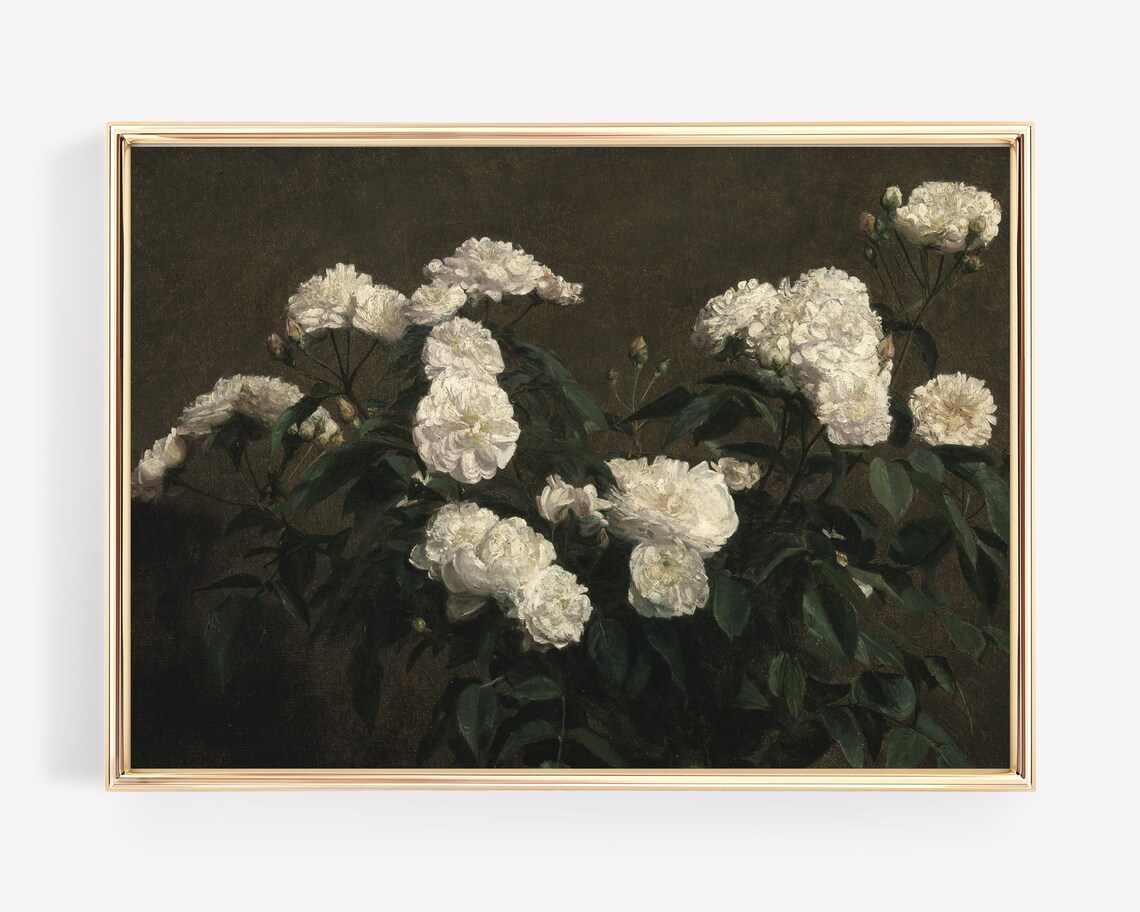 White Roses Dark Moody Oil Painting Vintage Floral Still Life Poster