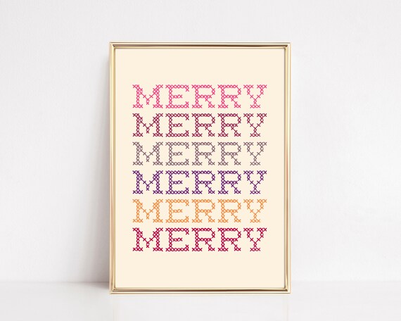 Merry Cross Stitch Rainbow Christmas Typography Print for Holiday Decor