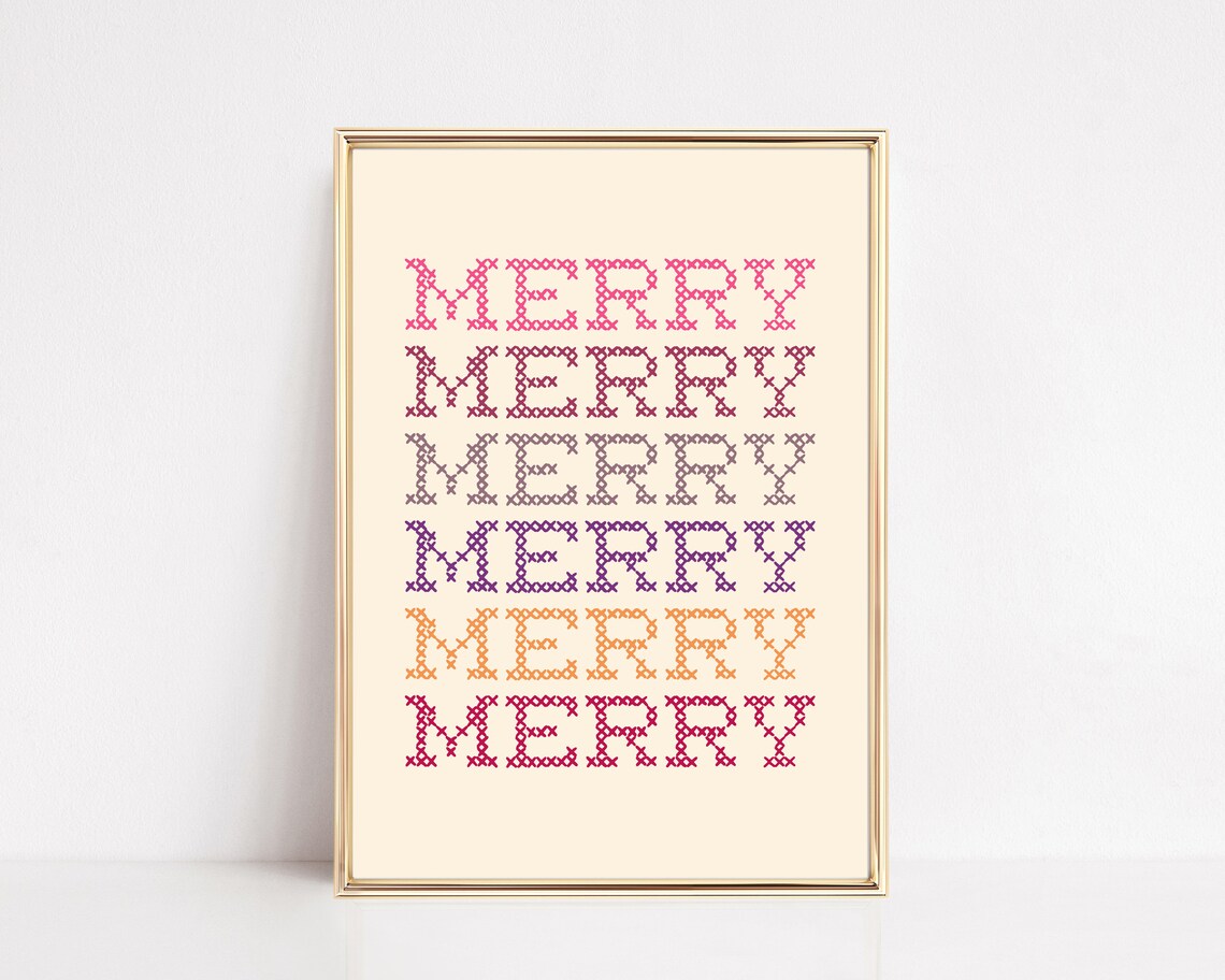 Merry Cross Stitch Rainbow Christmas Typography Print for Holiday Decor