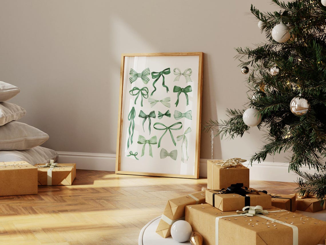 Christmas Green Watercolor Ribbon Bows Coquette Holiday Wall Art - Image 2