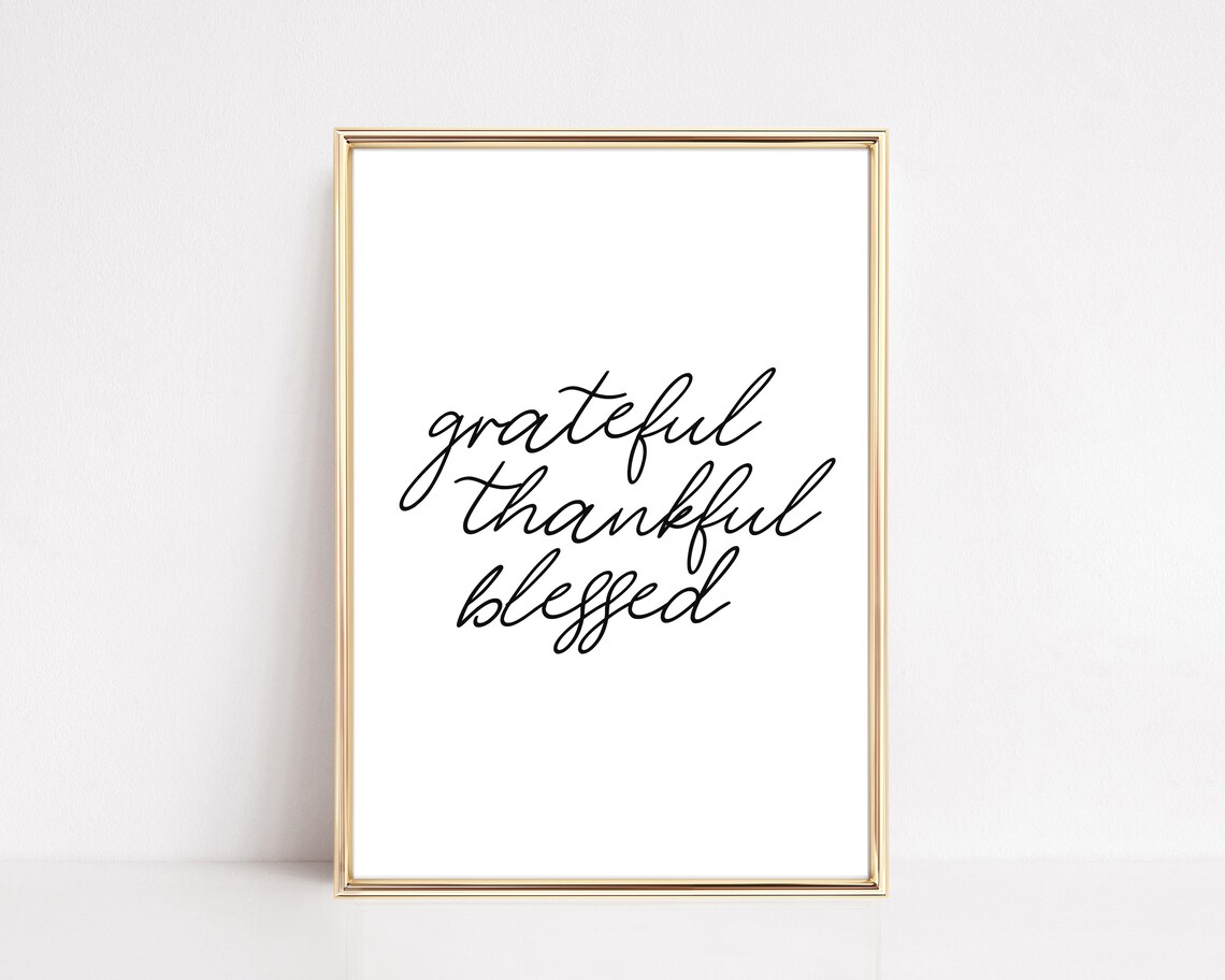 Grateful Thankful Blessed Black Script Minimalist Thanksgiving Art Poster