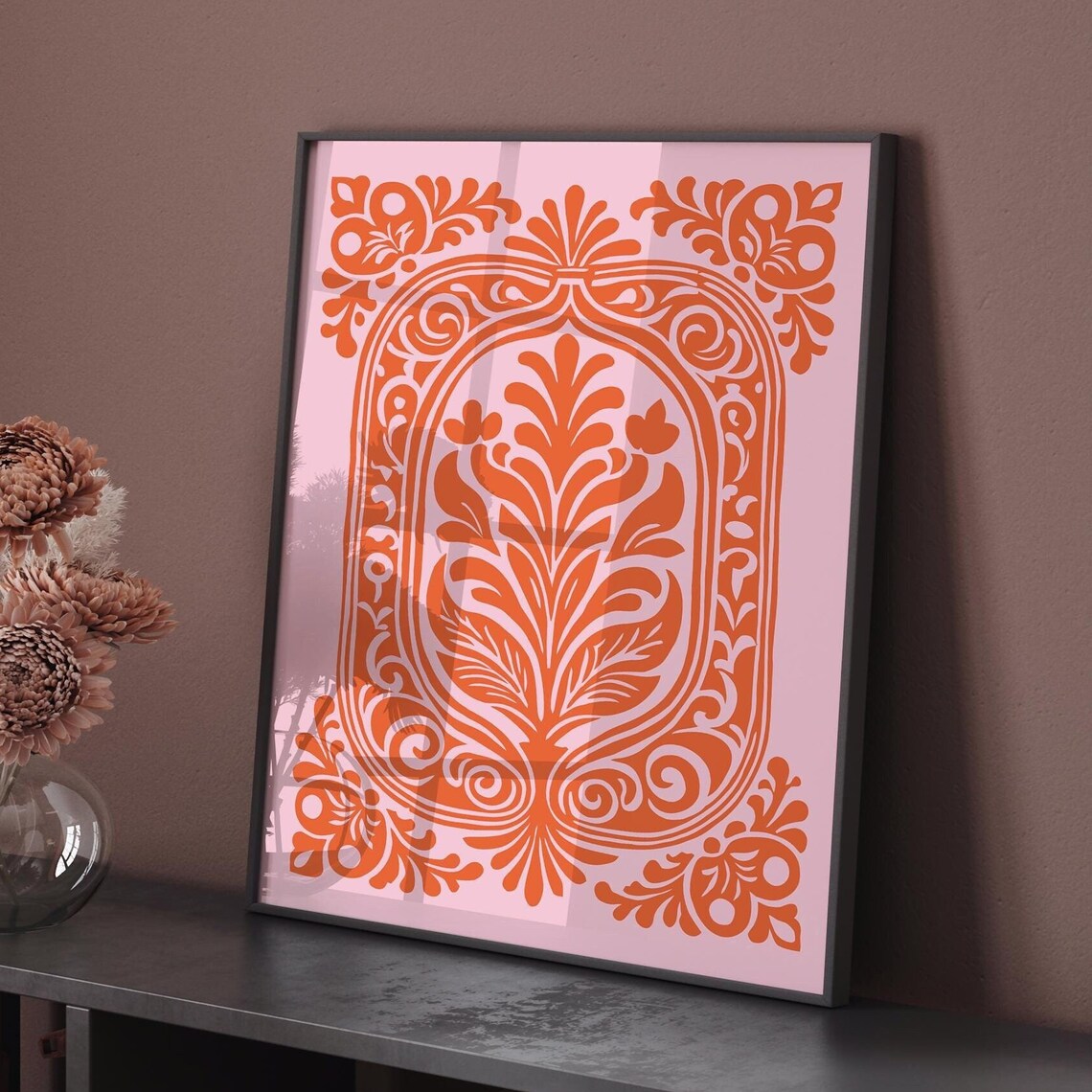 Orange Baroque Floral Medallion on Pink Ornate Vintage Poster