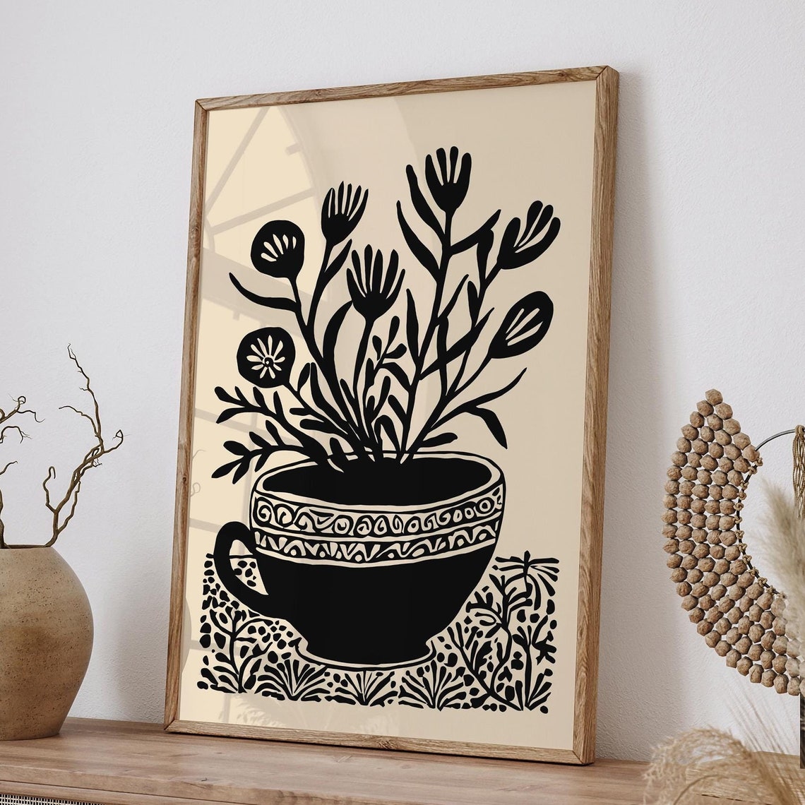 Black Ink Flowers in a Teacup Minimalist Botanical Illustration Poster