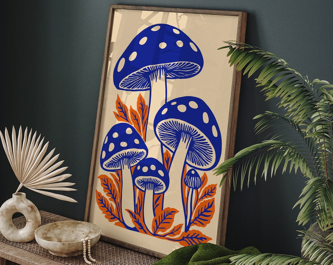 Blue Polka Dot Mushrooms Orange Leaves Retro Botanical Art Poster