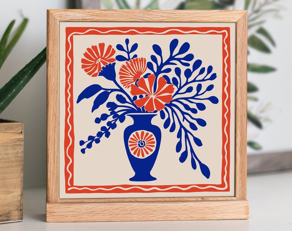 Blue Vase Red Flowers Retro Botanical Square Framed Wall Art