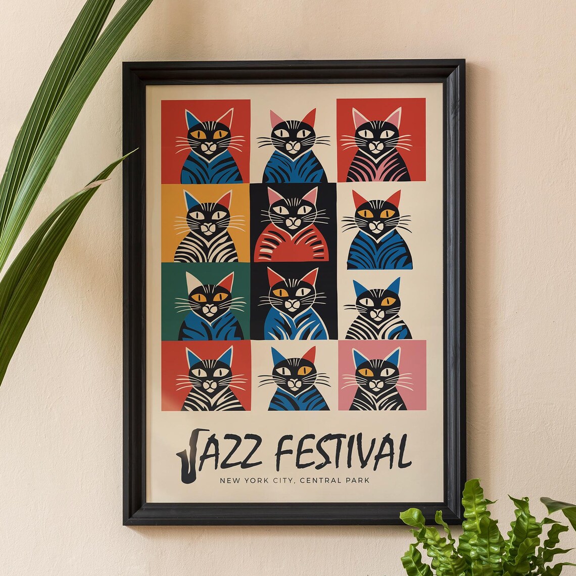 Jazz Festival New York City Colorful Pop Art Cats Grid Funny Poster