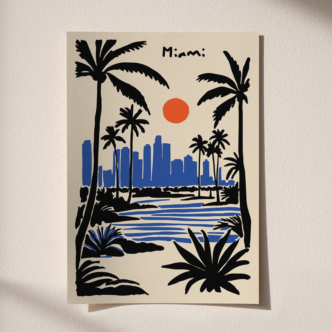 Miami Skyline Sunset Palm Trees Blue Black Tropical Travel Poster