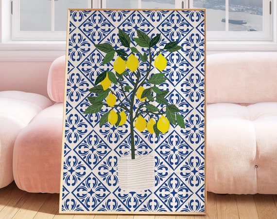 Yellow Lemon Tree Print Moroccan Blue Tile Wall Art Citrus Kitchen Living Room Bedroom Plant Prints