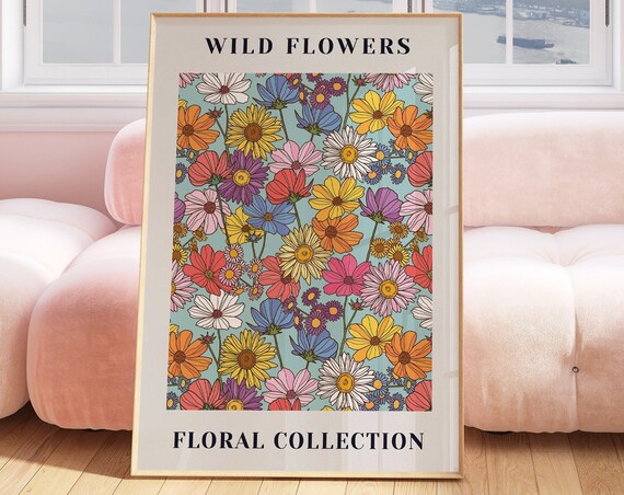 Wild Flowers Floral Collection Retro Daisy Pattern Colorful Art Poster