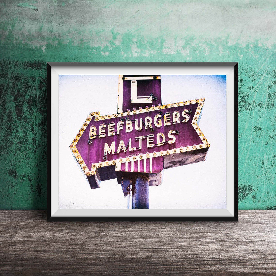 Vintage Beefburgers Malteds Light Bulb Arrow Sign Photography Poster