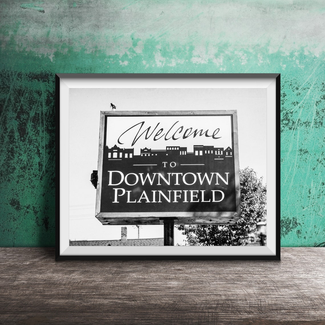 Welcome to Downtown Plainfield Illinois Blue Skyline Sign Poster - Image 2