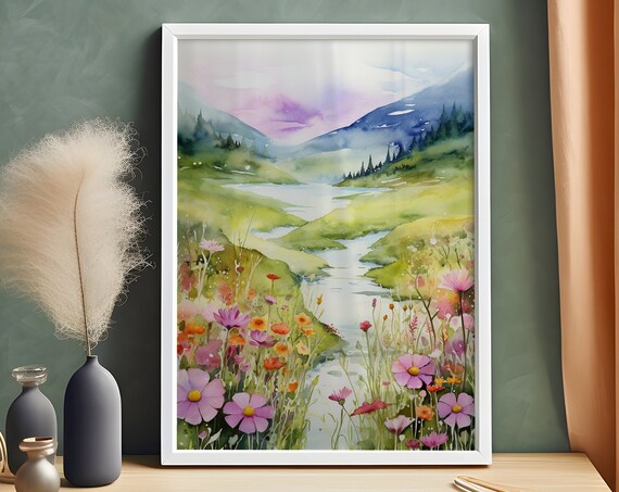 Wildflower River Valley Watercolor Painting Poster with Colorful Cosmos