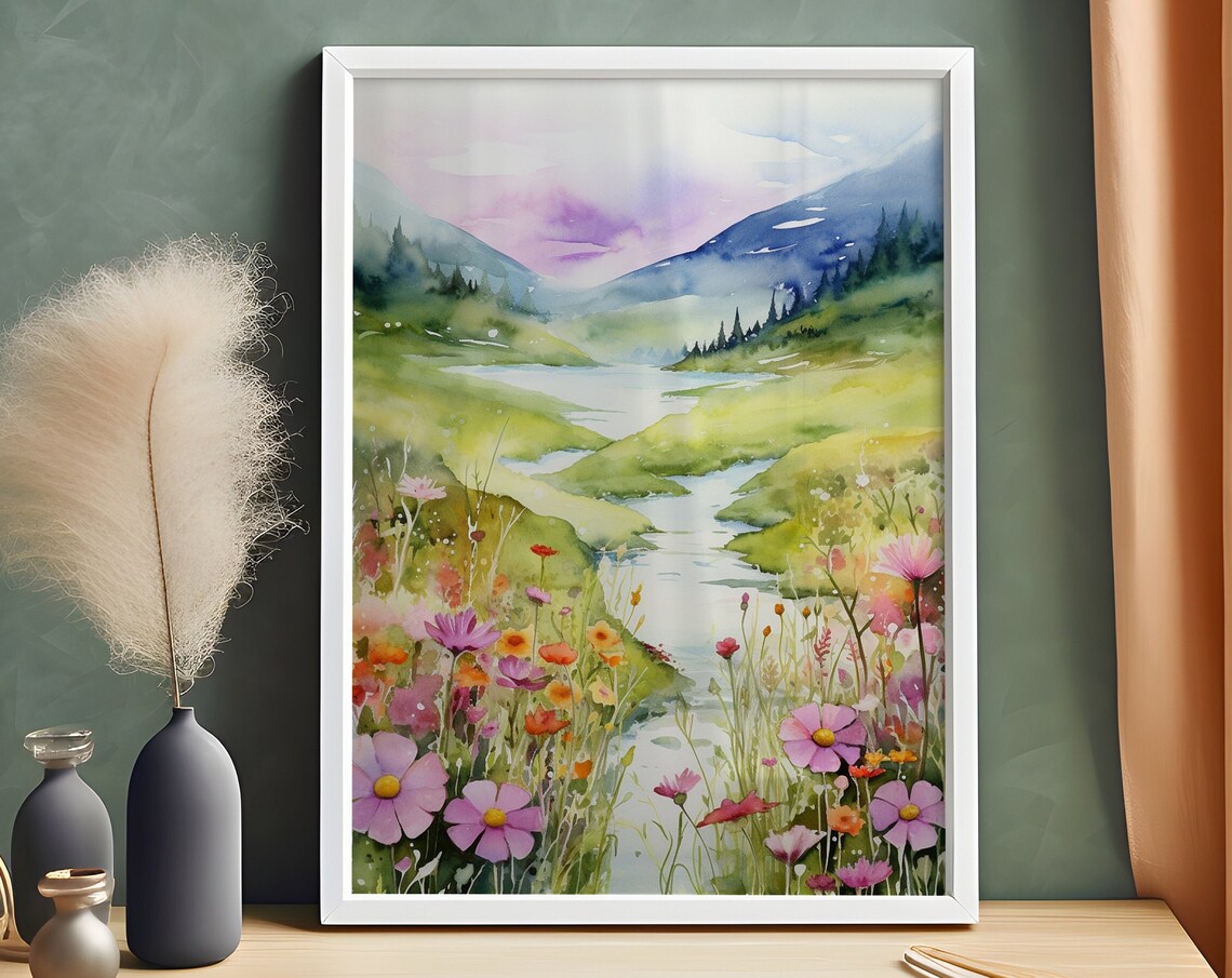 Wildflower River Valley Watercolor Painting Poster with Colorful Cosmos