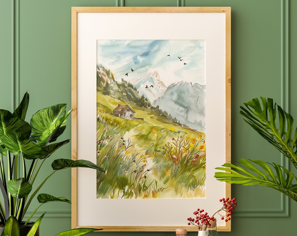 Alpine Meadow Cabin Watercolor Mountain Birds Landscape Art Poster - Image 5