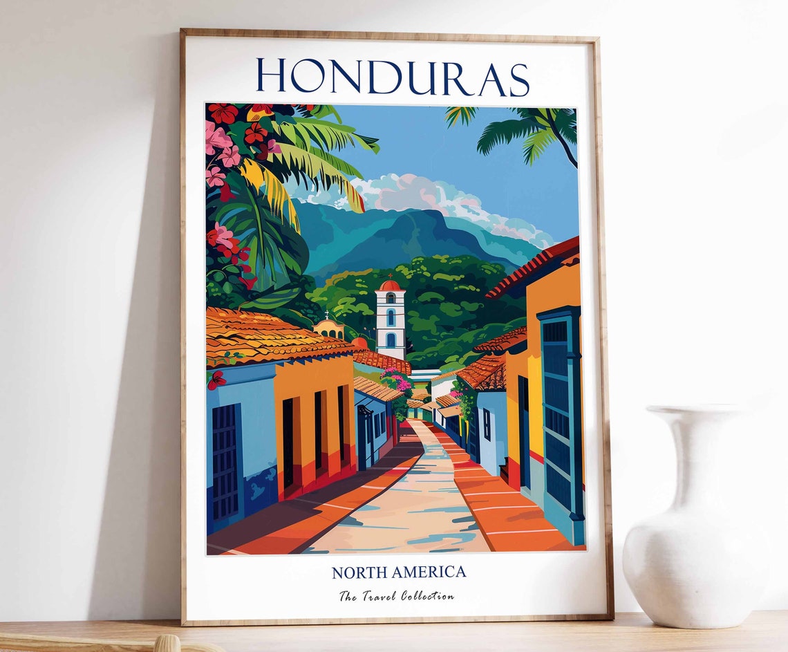 Honduras Tropical Colonial Street Caribbean Travel Art Poster