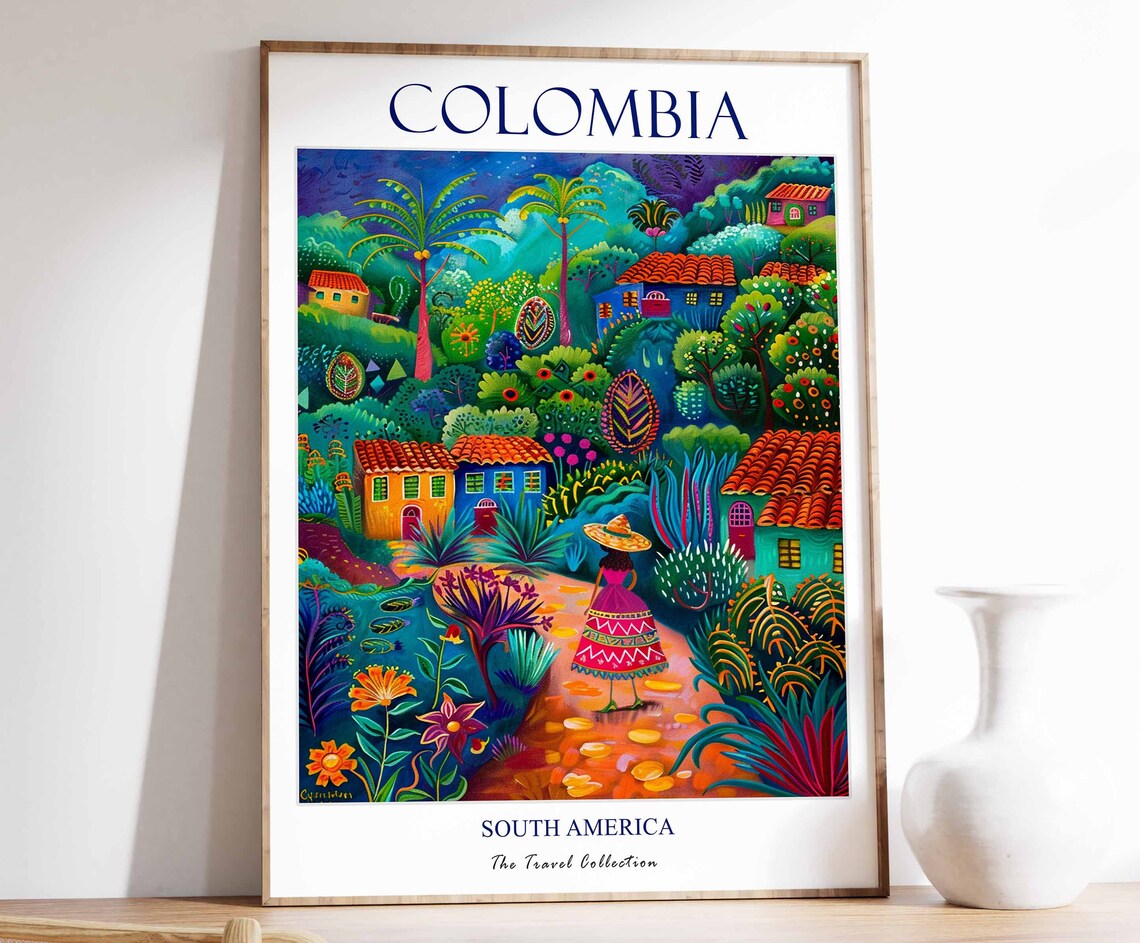 Colombia South America Colorful Folk Art Village Travel Collection Poster