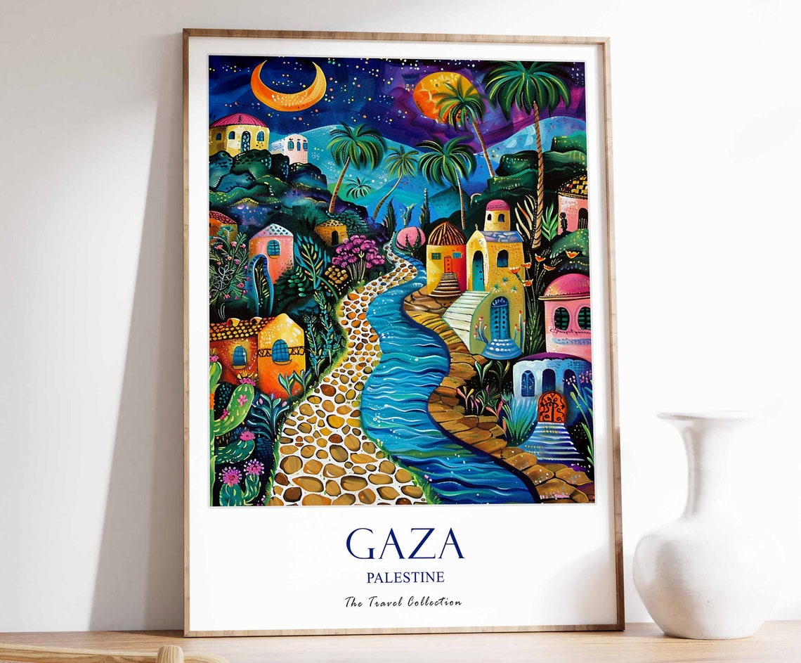 Gaza Palestine Moonlit Village Stream Palm Night Travel Poster