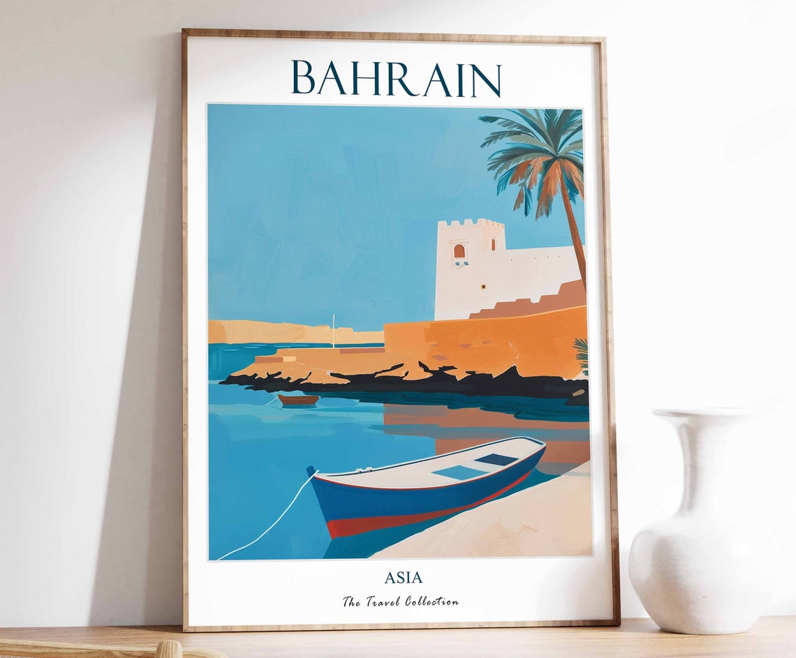 Bahrain Asia Fishing Boat Fort Retro Travel Collection Art Poster