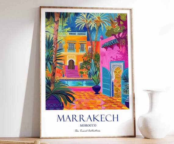 Marrakech Morocco Vibrant Riad Courtyard Colorful Travel Art Poster