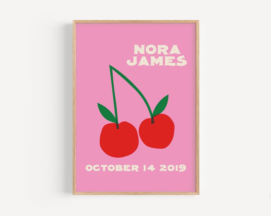 Nora James Personalized Name Birthdate Cherry Nursery Poster - Image 3