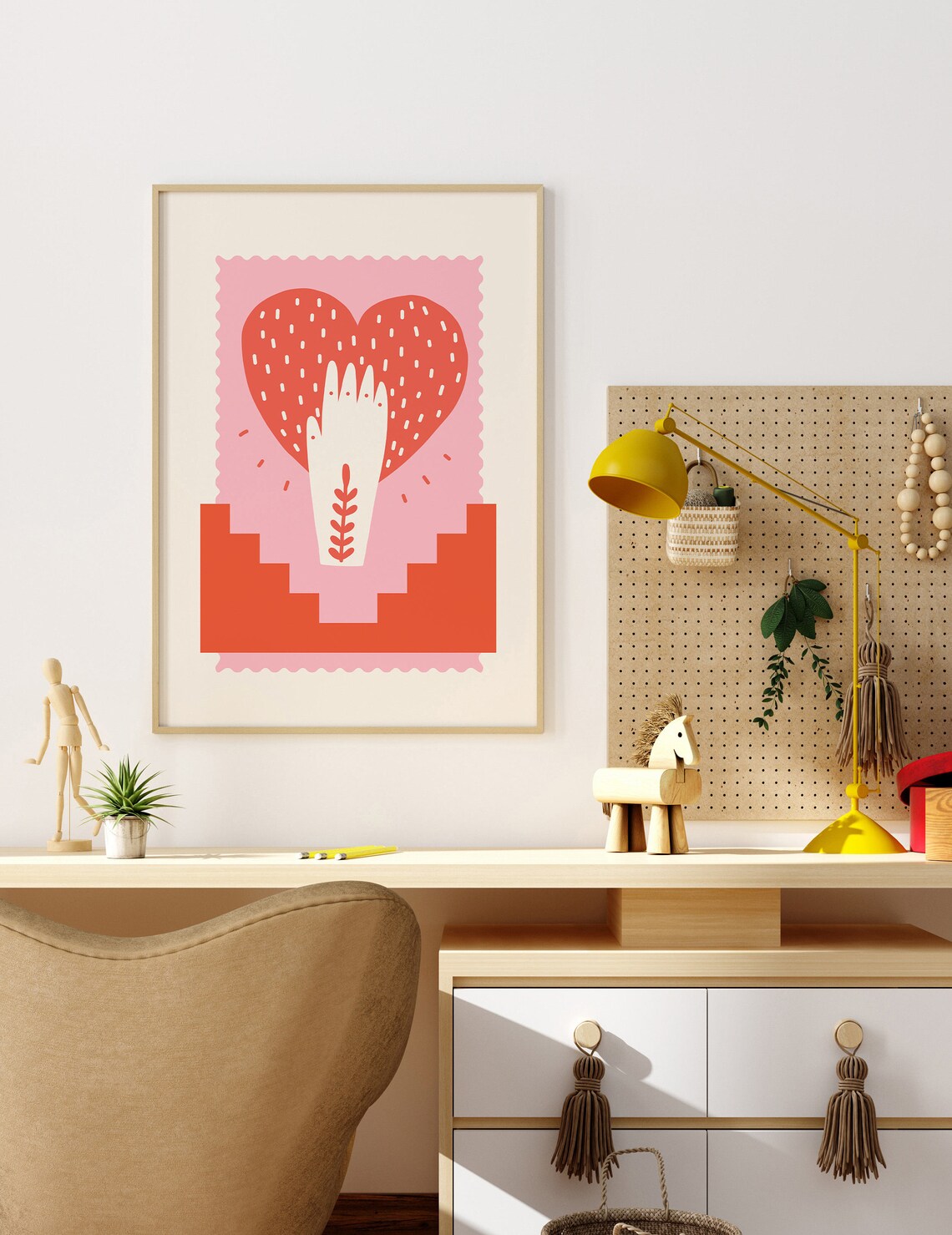 Scandi Heart in Hand Kids Poster with Red and Pink Folk Art Style - Image 4