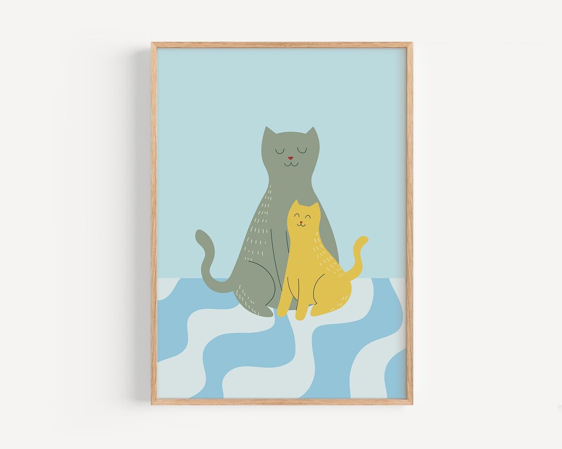 Two Cute Cats On Wavy Blue Retro Style Kids Nursery Decor Wall Art - Image 2