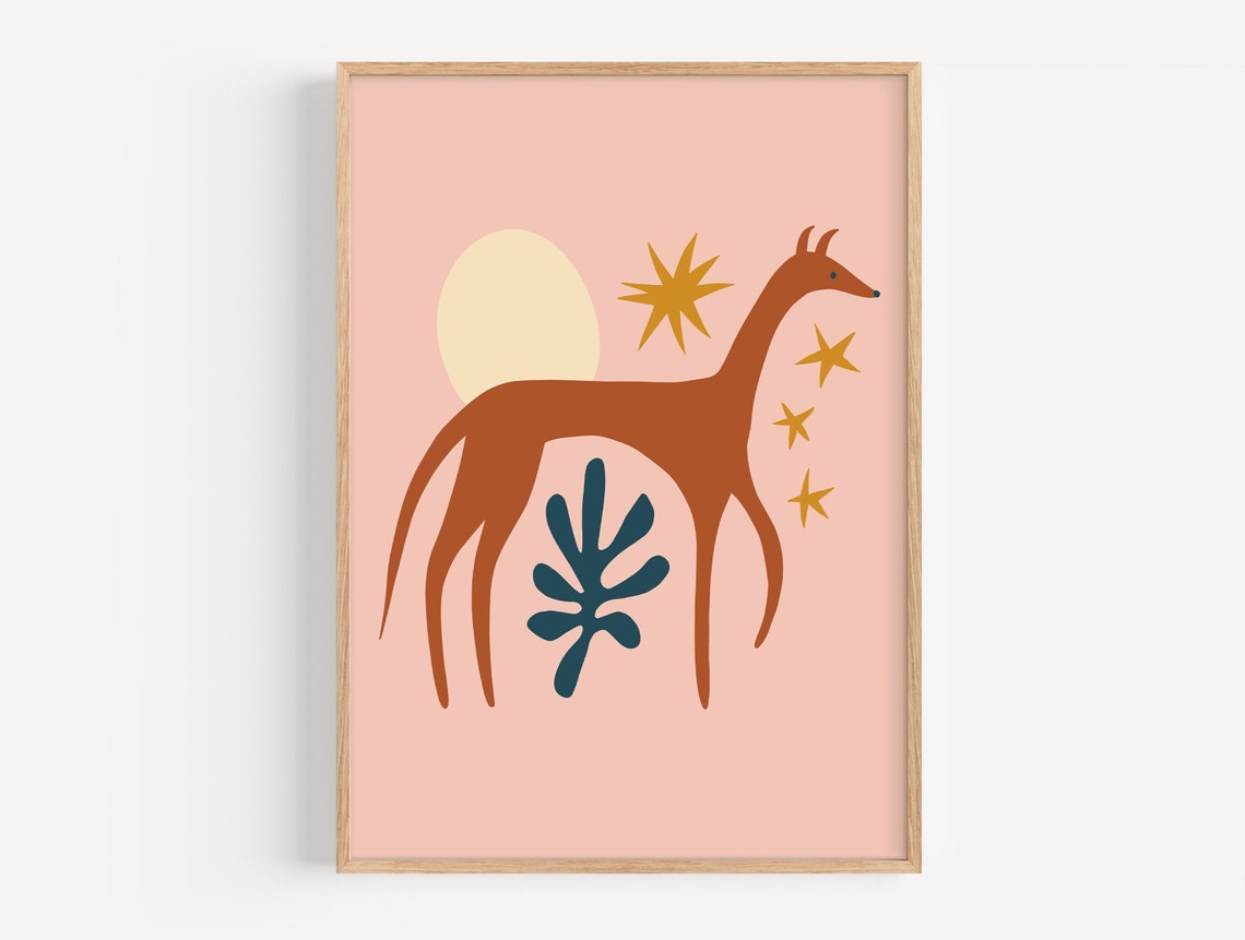 Abstract Animal Poster with Rust Creature Art and Gold Star Motifs