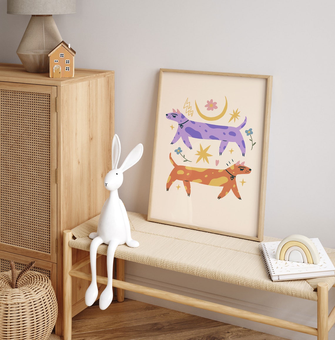 Two Playful Dogs Moon Stars Celestial Kids Room Decor Wall Art - Image 4