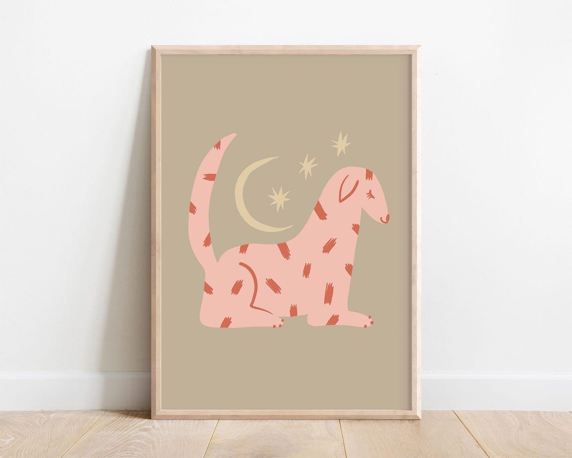 Boho Pink Spotted Dog Moon Stars Sage Nursery Bedroom Wall Art - Image 3