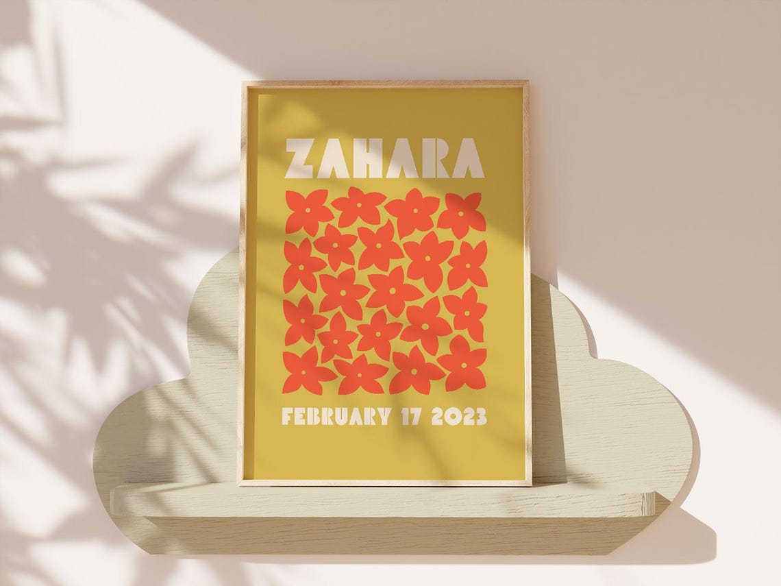 Zahara Personalized Name Birthdate Mustard Floral Nursery Poster - Image 4